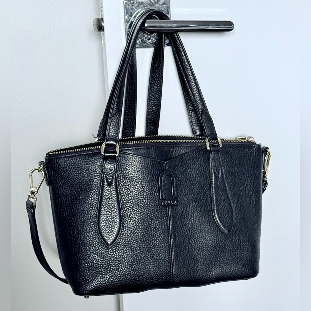 Furla Black Pebble Leather Two-Way Satchel Purse EUC